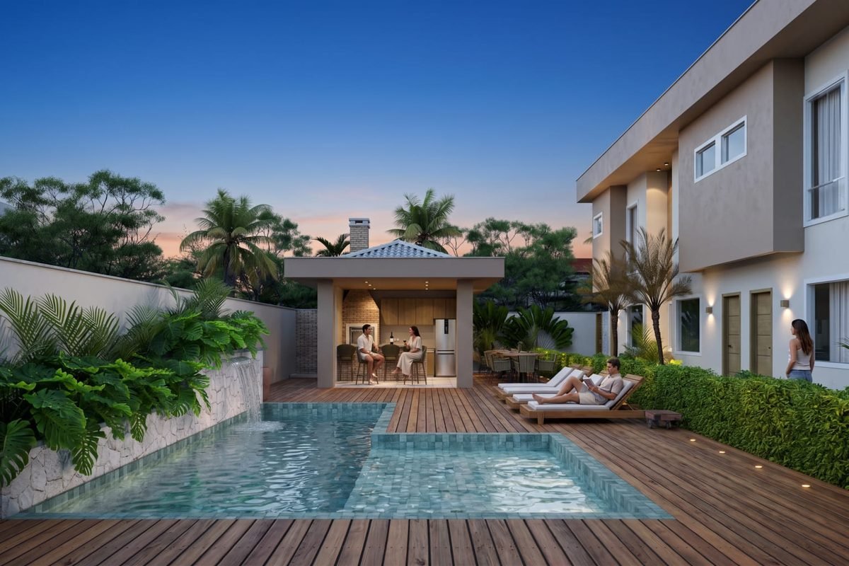 Piscina e espaço gourmet do Almare Mutá Residence ao entardecer