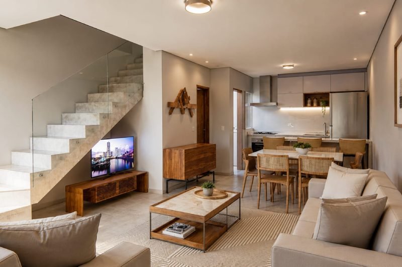 Sala de estar integrada de uma unidade do Almare Mutá Residence