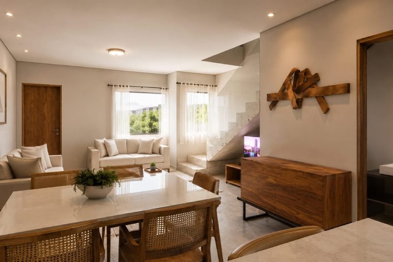 Sala de jantar e living integrado de uma unidade do Almare Mutá Residence