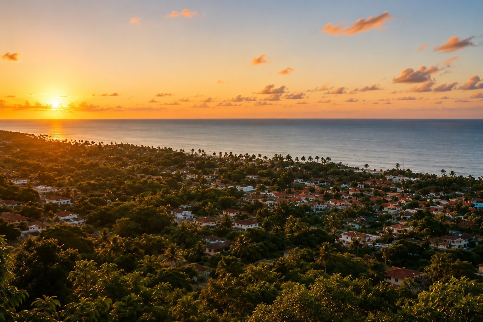 Litoral brasileiro ao pôr do sol, com vegetação nativa e casas entre as árvores até a orla